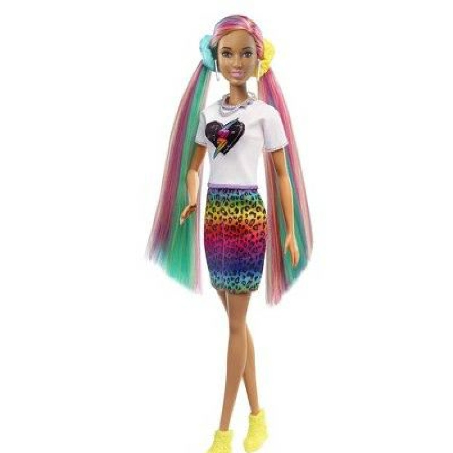 * Barbie Leopard Rainbow Hair Doll Silver Top