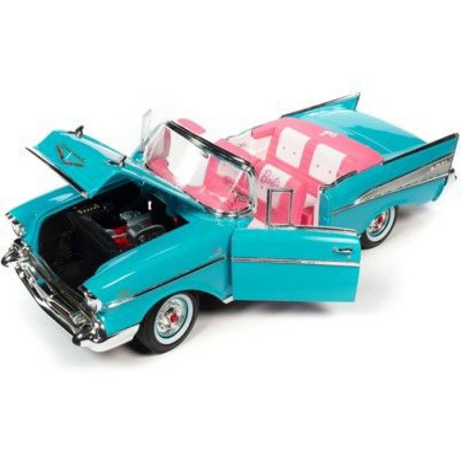 * 1957 Chevrolet Bel Air Convertible Aqua Blue W/Pink Interior Barbie Silver Screen Machines 1/18 Diecast Model Car By Auto World