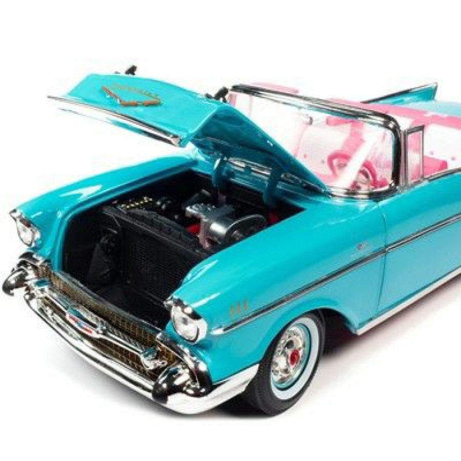 * 1957 Chevrolet Bel Air Convertible Aqua Blue W/Pink Interior Barbie Silver Screen Machines 1/18 Diecast Model Car By Auto World